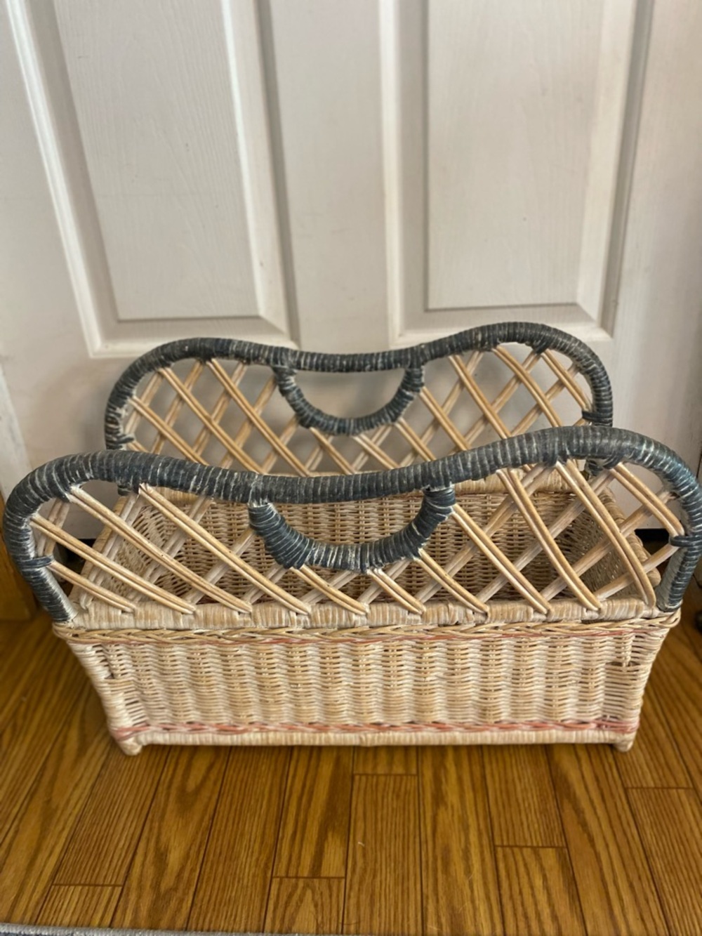 1980’s Woven Rattan Magazine & Storage Basket - Natural with blue Trim